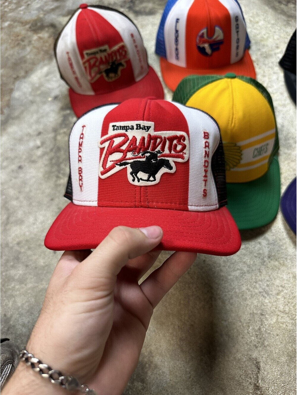Vintage 80s Sports AJD Hat Cap Super Stripe Mesh Snapback Hat Cap LOT OF 7 - Picture 2 of 15